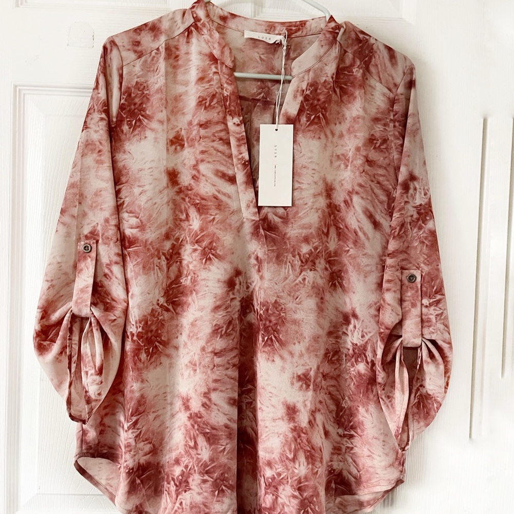 Lush Pink and White Boxy Blouse with Roll Tab Sleeves